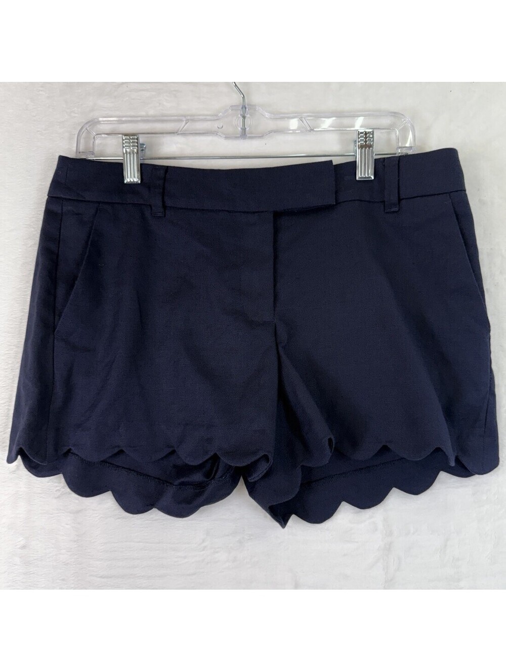 J Crew Linen Blend Shorts 6 Navy Blue Scalloped Hem 4” Womens